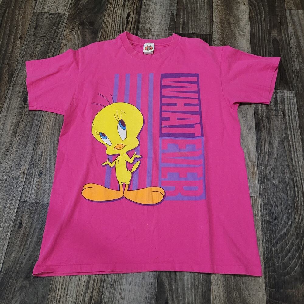 1997 Tweety Bird Looney Tunes Pink T-Shirt - Vintage Size Large "What Ever"